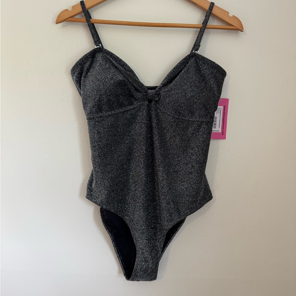Betsey Johnson Black Metallic Shimmer Front Knot One Piece Swimsuit Bodysuit
